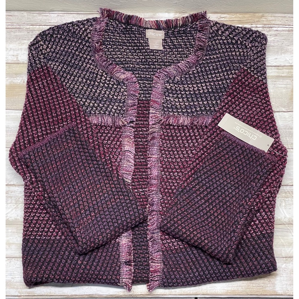 Chico's Purple Knit Fringe Trim Open Front Cardigan Sweater Womens Size 2(US 12)